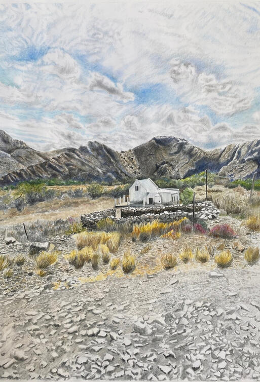 Karoo Silence 1, South Africa (2026) Mixed media on paper | 50 x 70 cm | Available as: • Original: $600 • Print • Card | To order, click Inquire above and mention "Karoo 1".
