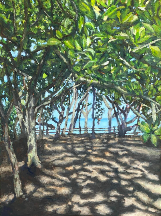 Dappled Shadow, Ferney, Mauritius (2025) Oil on canvas | 30 x 40 cm | Available as: • Original: $480 • Print • Card | To order, click Inquire above and mention "Dappled Shadow".