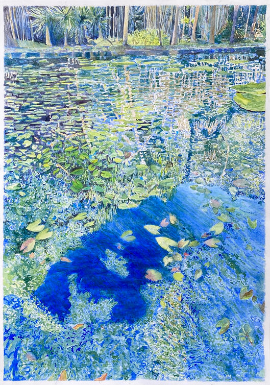 The Lily Pool: Pampelmousses Botanical Gardens (2026) Watercolour on paper | 50 x 72 cm | Available as: • Original: $680 • Print • Card | To order, click Inquire above and mention "Lily Pool".