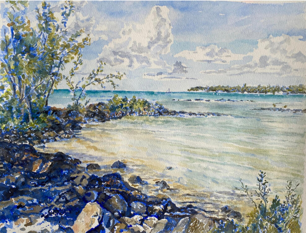 Ile d’Ambre, Mauritius (2026) Watercolour on paper | 35 x 45 cm | Available as: • Original: $320 • Print • Card | To order, click Inquire above and mention "Amber Island".